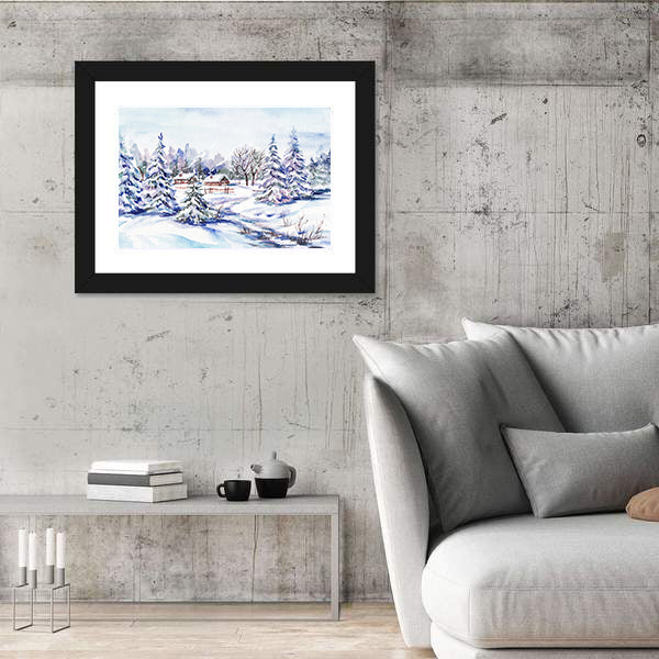 Scenic Winter Village Landscape Canvas Wall Art