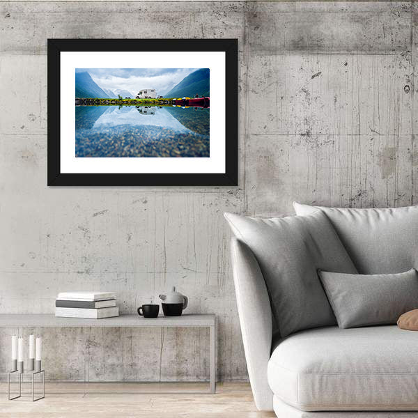 Motorhome by Mountain Lake, Norway Canvas Wall Art