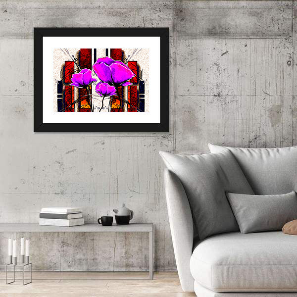 Oil Painted Purple Poppies with Geometric Background Canvas Wall Art