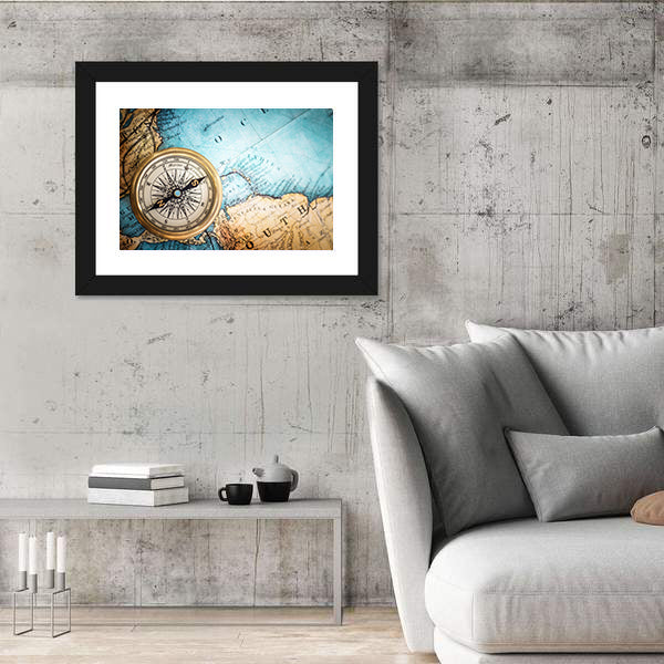 Brass Compass on Antique World Map Canvas Wall Art