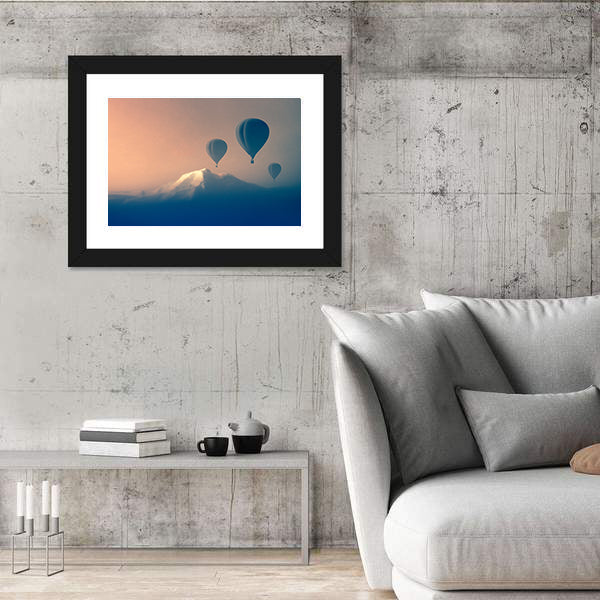 Silhouette Of Air balloon Flying In The Mountains Canvas Wall Art