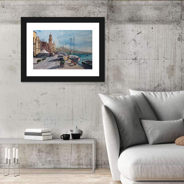 Harbor Town Sketch with Clock Tower Canvas Wall Art