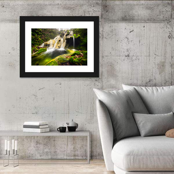 Forest Waterfall with Moss-covered Rocks Canvas Wall Art