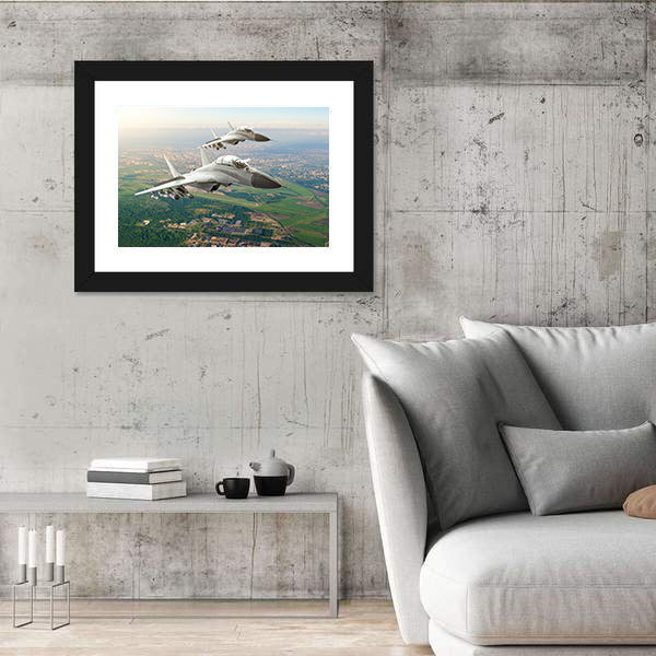 Twin Fighter Jets Over Airfield Canvas Wall Art