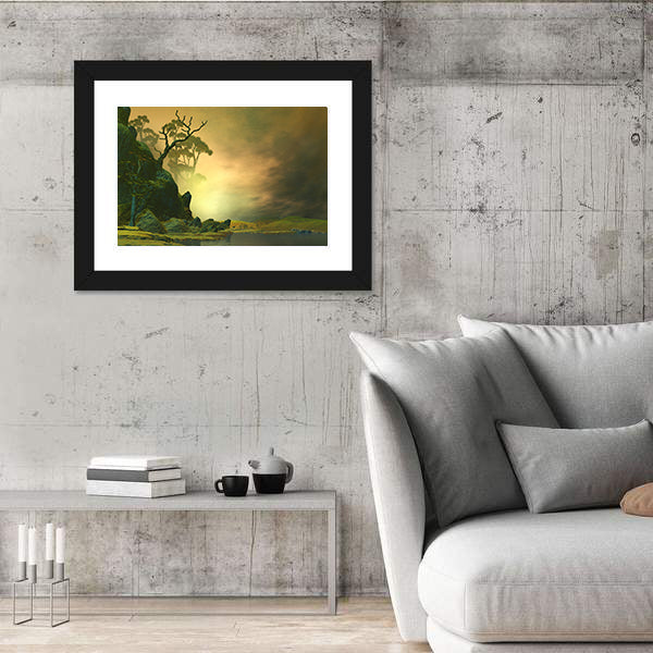Misty Mountain Lake with Twisted Tree Canvas Wall Art