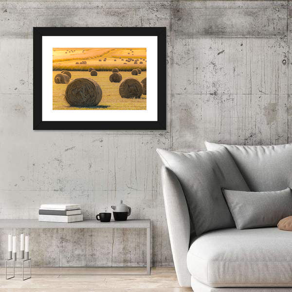 Hay Bales On Golden Field At Sunset Canvas Wall Art