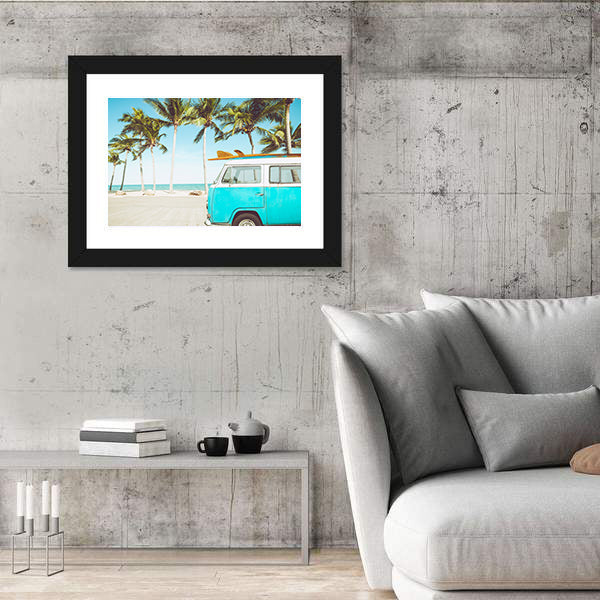 Teal and White Kombi on Tropical Beach Canvas Wall Art