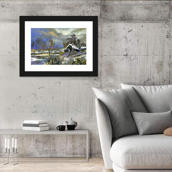 Snow-covered Cabin by the Lake Canvas Wall Art