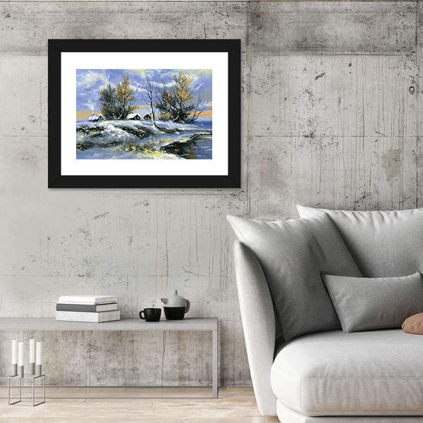 House on Lake in Winter Canvas Wall Art