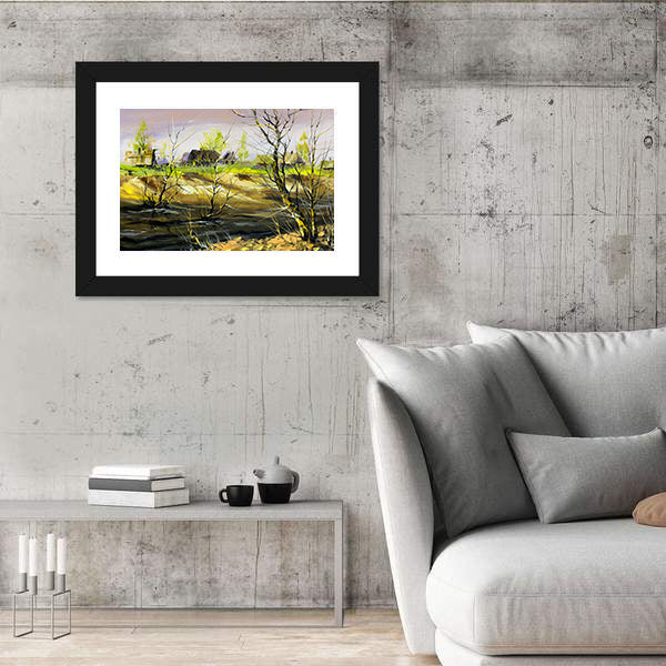 Rural House On River Bank Canvas Wall Art