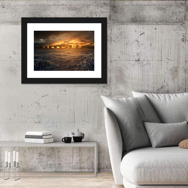 Viking Longships at Stormy Sunset Canvas Wall Art