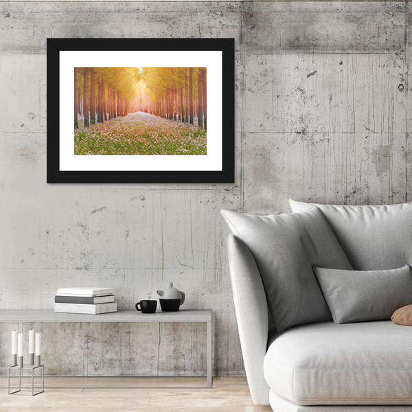Sunlit Forest Path with Wildflowers Canvas Wall Art