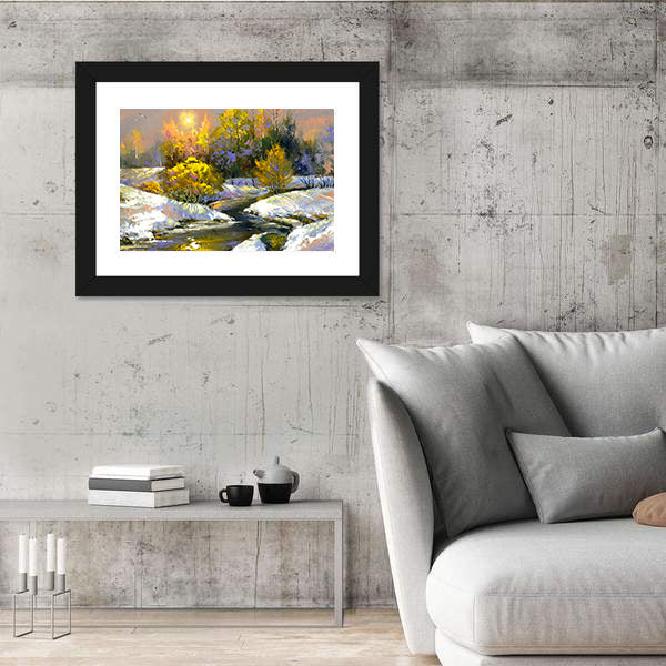 Winter River Through Snowy Forest Canvas Wall Art