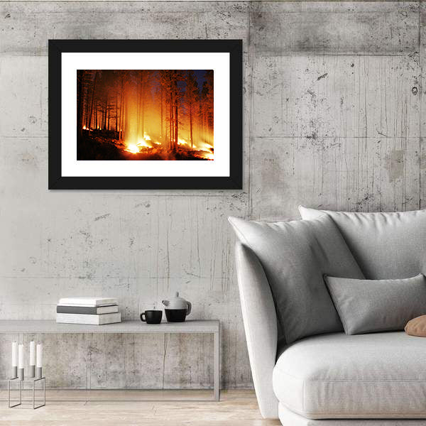 Glowing Forest Fire At Night Canvas Wall Art