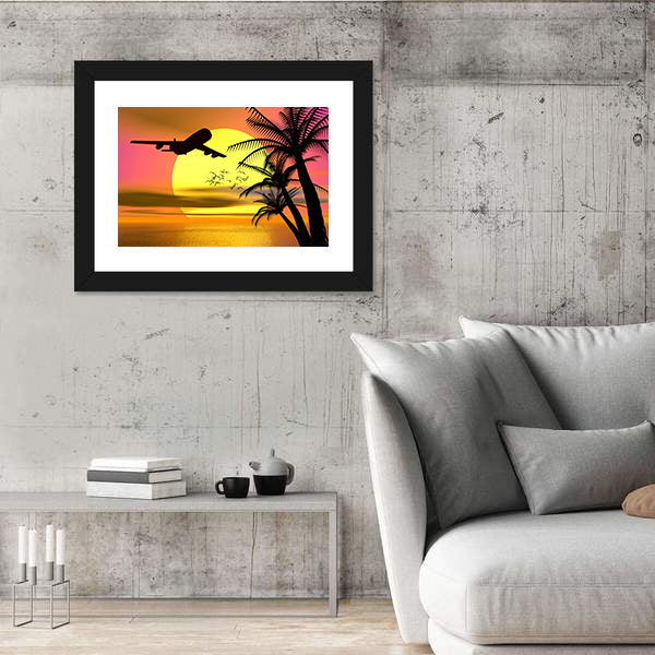 Tropical Sunset With Airplane Canvas Wall Art
