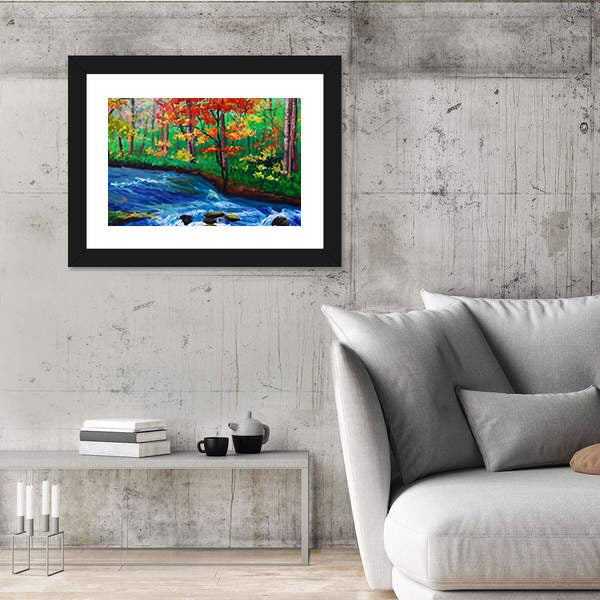 Autumn Maple by Flowing Stream Canvas Wall Art