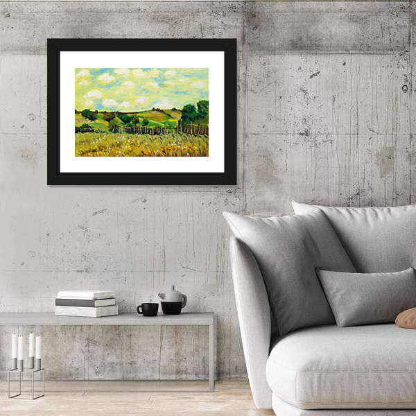 Sunlit Rolling Green Farm Fields Painting Canvas Wall Art