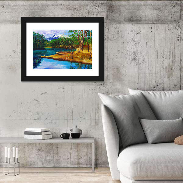 Autumn Lake with Rowboat and Mountain Reflection Canvas Wall Art