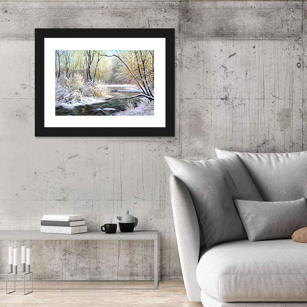 River In Winter Forest Canvas Wall Art