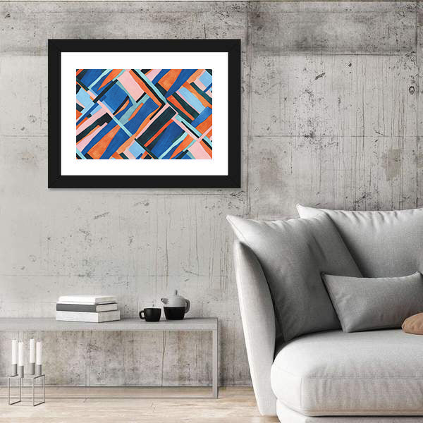 Abstract Geometric Collage in Blue and Orange Canvas Wall Art