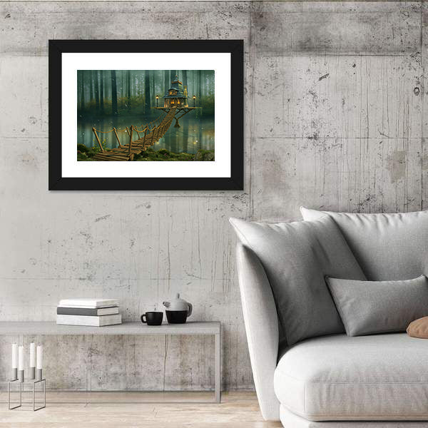 Fairy House on Tree Trunk with Rope Bridge Canvas Wall Art