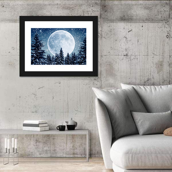 Winter Scene In Full Moon Canvas Wall Art