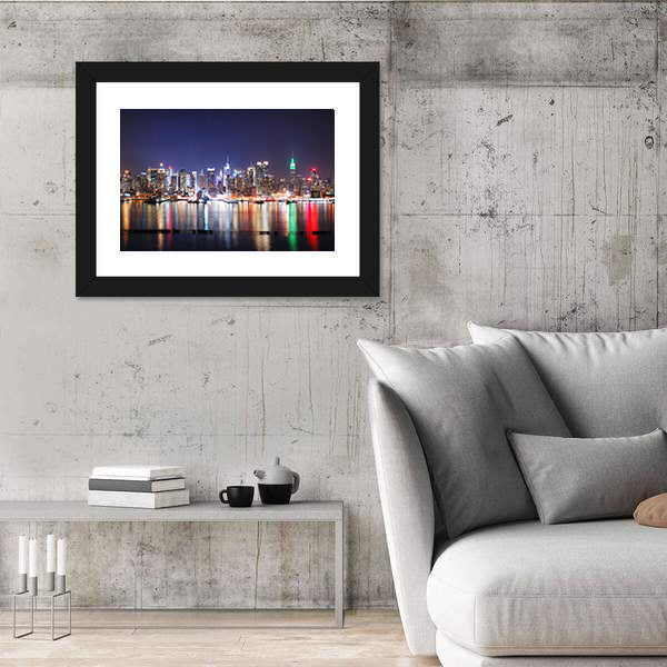 Times Square Reflections Over Hudson River Canvas Wall Art