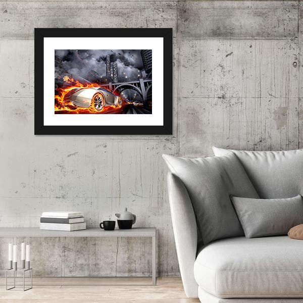 Flaming Sports Car at Night Canvas Wall Art
