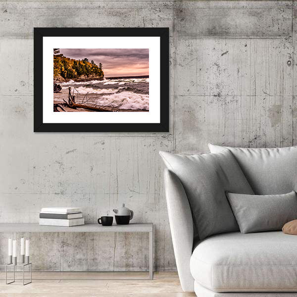 Driftwood on Autumn Lakeshore Canvas Wall Art
