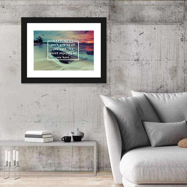 Happiness Quote Over Sunset Beach Canvas Wall Art