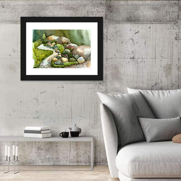 Watercolor Creek in Rock Garden Canvas Wall Art