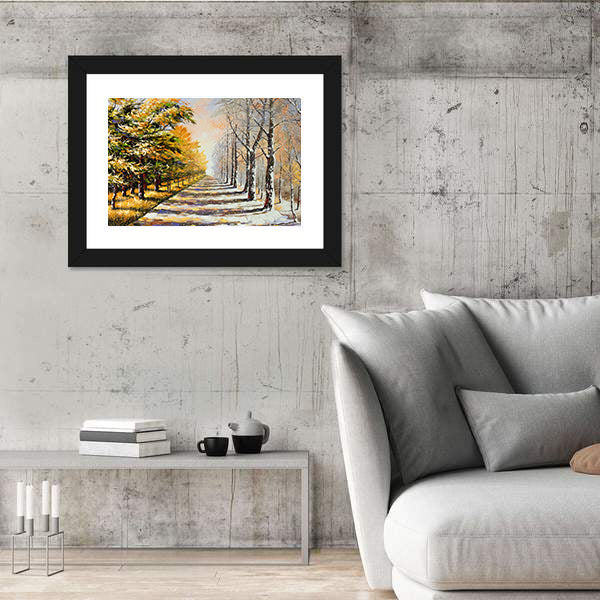 Autumn Walkway with Snow Canvas Wall Art