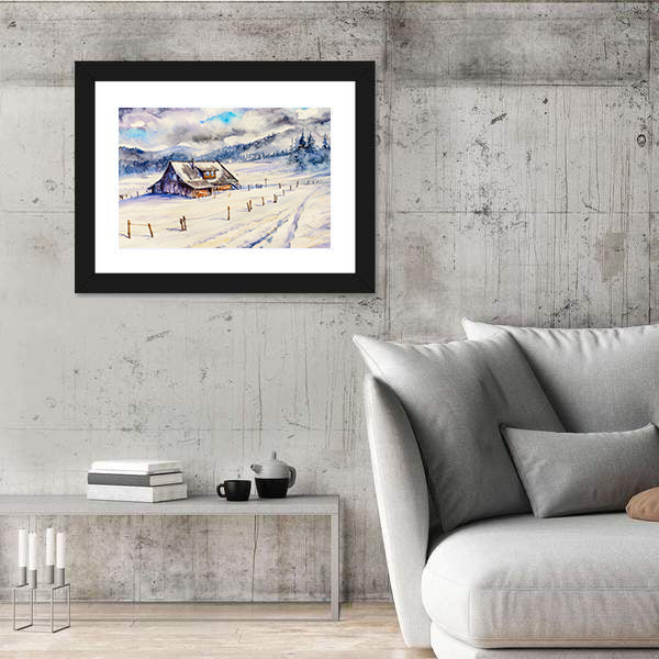 Snowy Cottage in Winter Mountains Canvas Wall Art