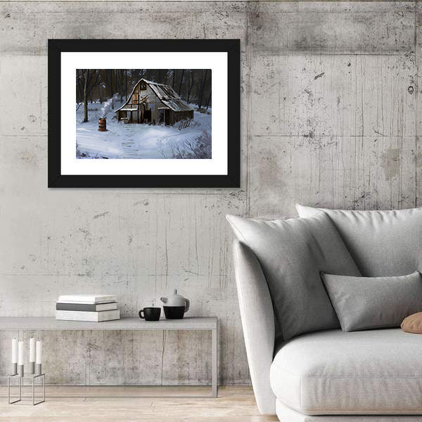Small Cottage House In The Winter Forest Canvas Wall Art