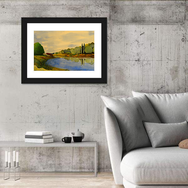 Scenic Lake Illustration Canvas Wall Art