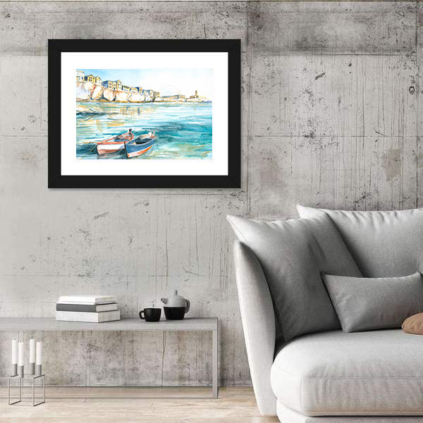 Two Rowboats in Sunny Coastal Watercolor Canvas Wall Art