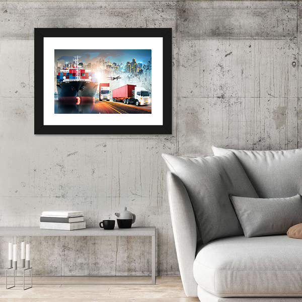 Global Logistics Collage with Cargo Ship and Containers Canvas Wall Art