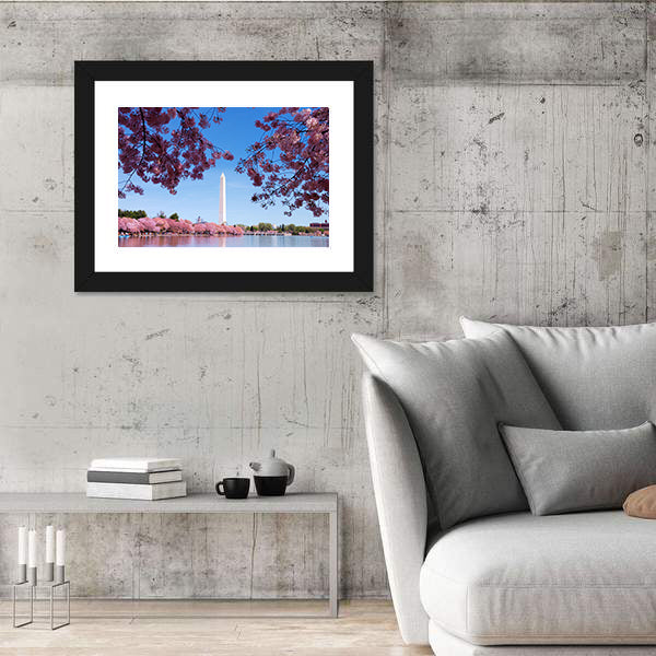 Cherry Blossom And Washington Monument Over Lake Canvas Wall Art