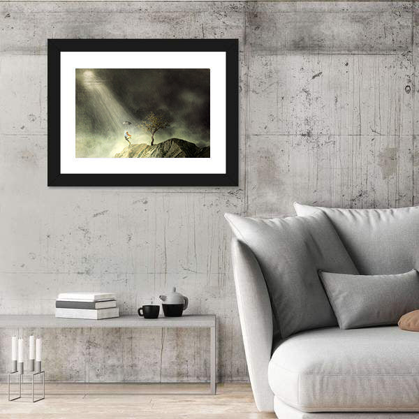 Person with Umbrella on Rainy Cliff Canvas Wall Art