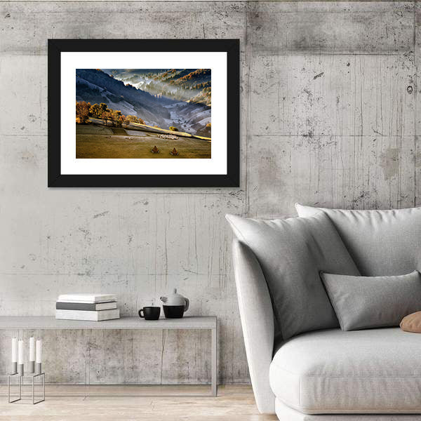Shepherd With Sheep Heard In The Mountains Of Romania Canvas Wall Art