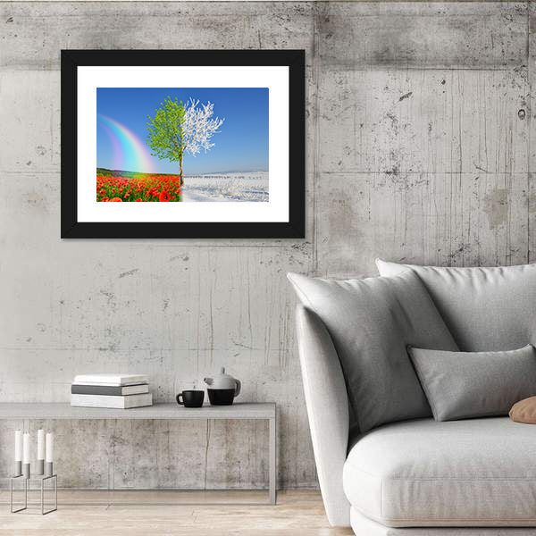 Split-season Tree with Poppies and Snow Canvas Wall Art