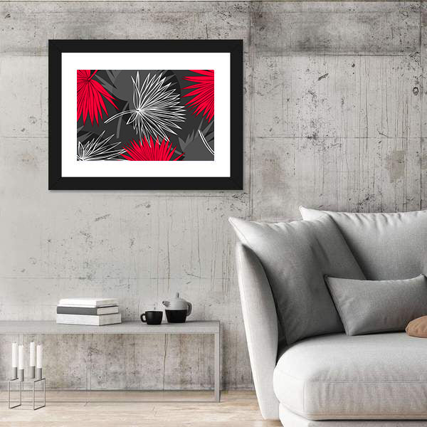 Red and Gray Palm Leaf Pattern Canvas Wall Art