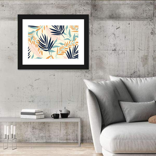 Tropical Leaves Pattern in Navy and Mustard Canvas Wall Art