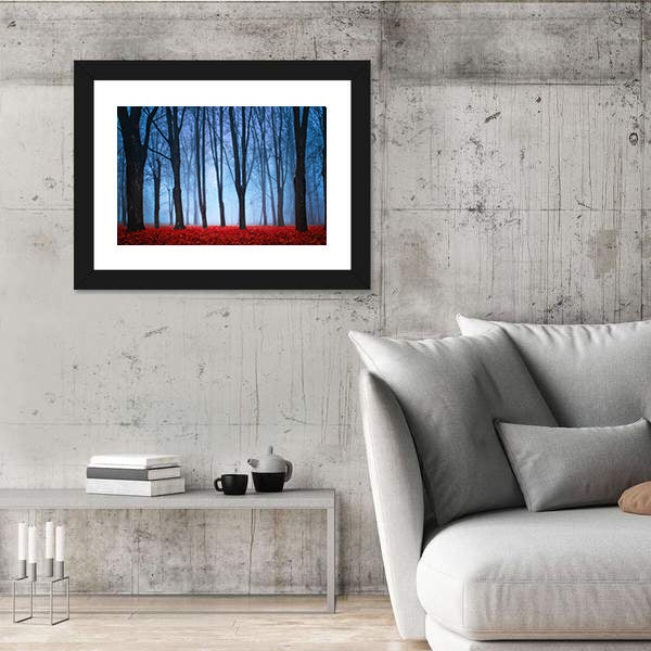 Foggy Autumn Forest with Red Leaves Canvas Wall Art