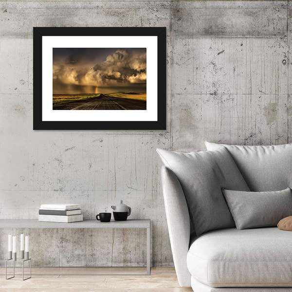 Travel Through South Dakota Border  Near Lemmon Town Canvas Wall Art in black, gray and orange, framed print shown in a room
