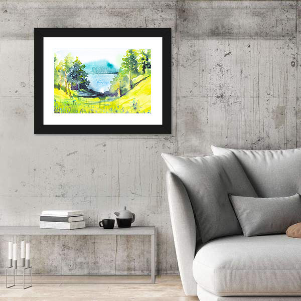 Watercolor Forest By Lake Canvas Wall Art
