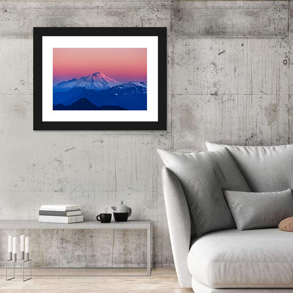 Mountain Peak In North Cascade Range Washington Canvas Wall Art in black, white and pink, framed print shown in a room