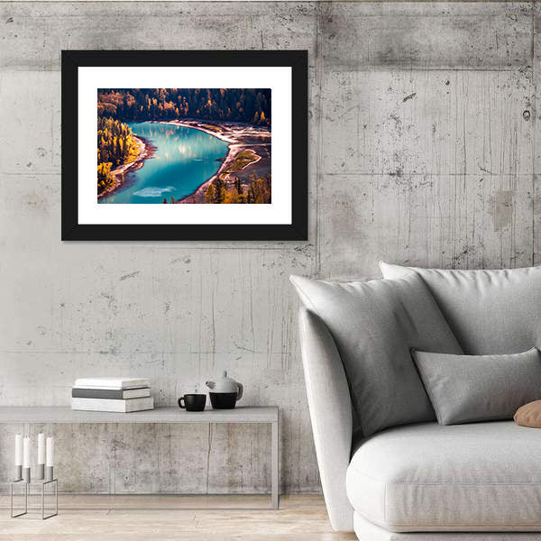 Xinjiang Kanas River In China Canvas Wall Art in green, turquoise and blue, framed print shown in a room