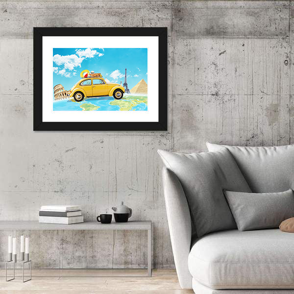 Yellow Vintage Car Over World Map Canvas Wall Art