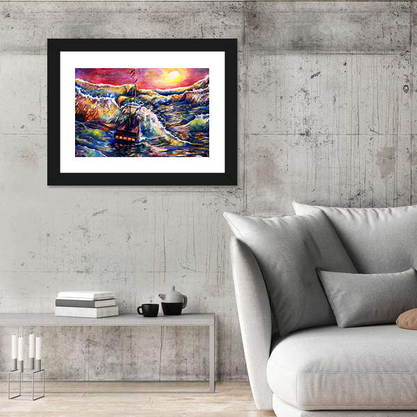 Sunset Sailing Ship in Stormy Sea Canvas Wall Art